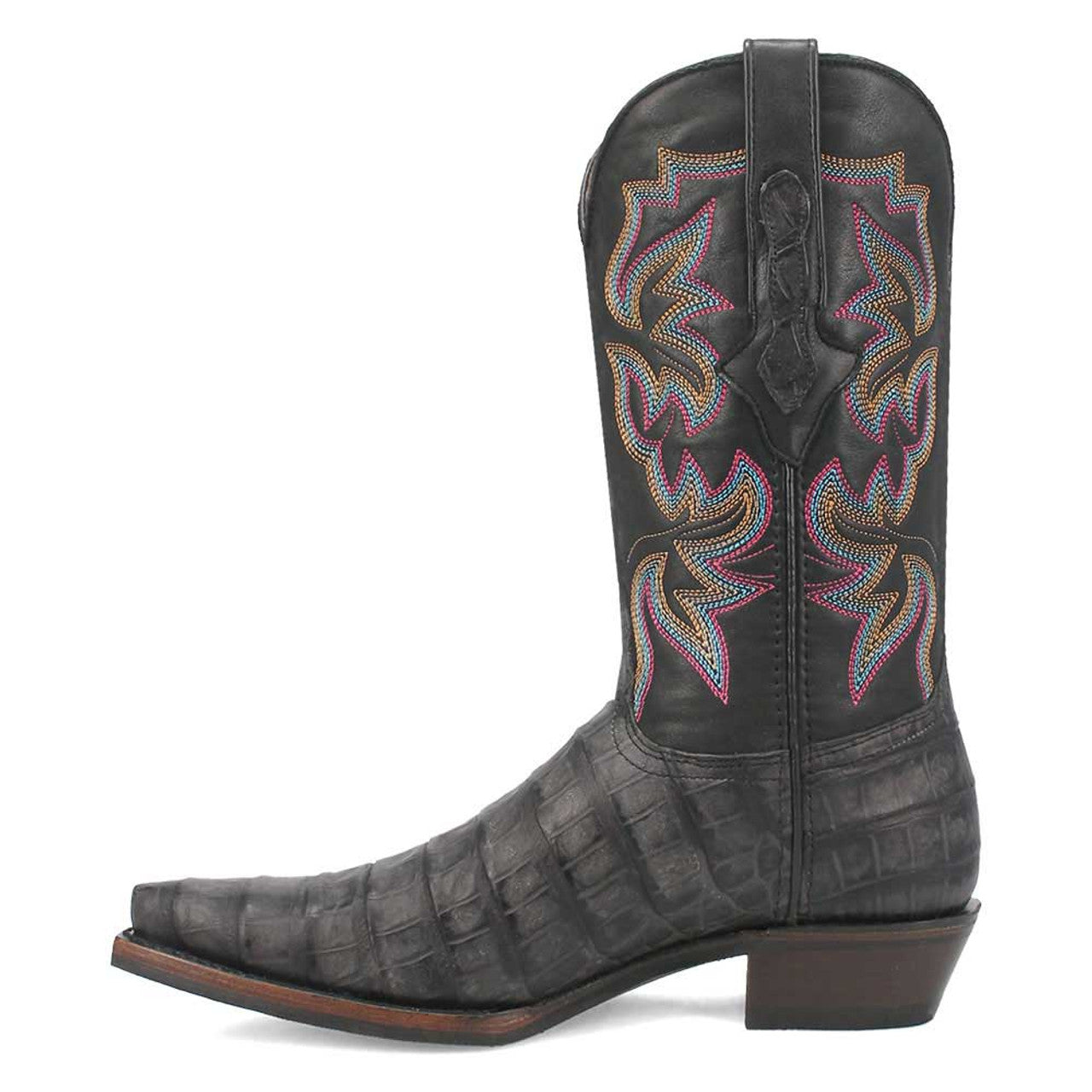 Dingo black cowboy boot with gator print, snip toe. Mid-calf, embroidered floral design. Textured, alligator-skin look upper. Flat sole.
