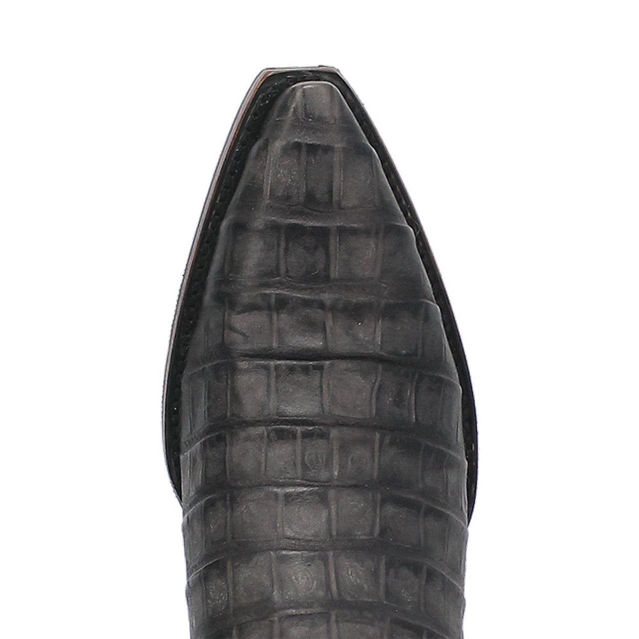 Black gator print cowboy boot. Snip toe design with pointed toe, textured surface featuring raised scale pattern and a smooth black finish.
