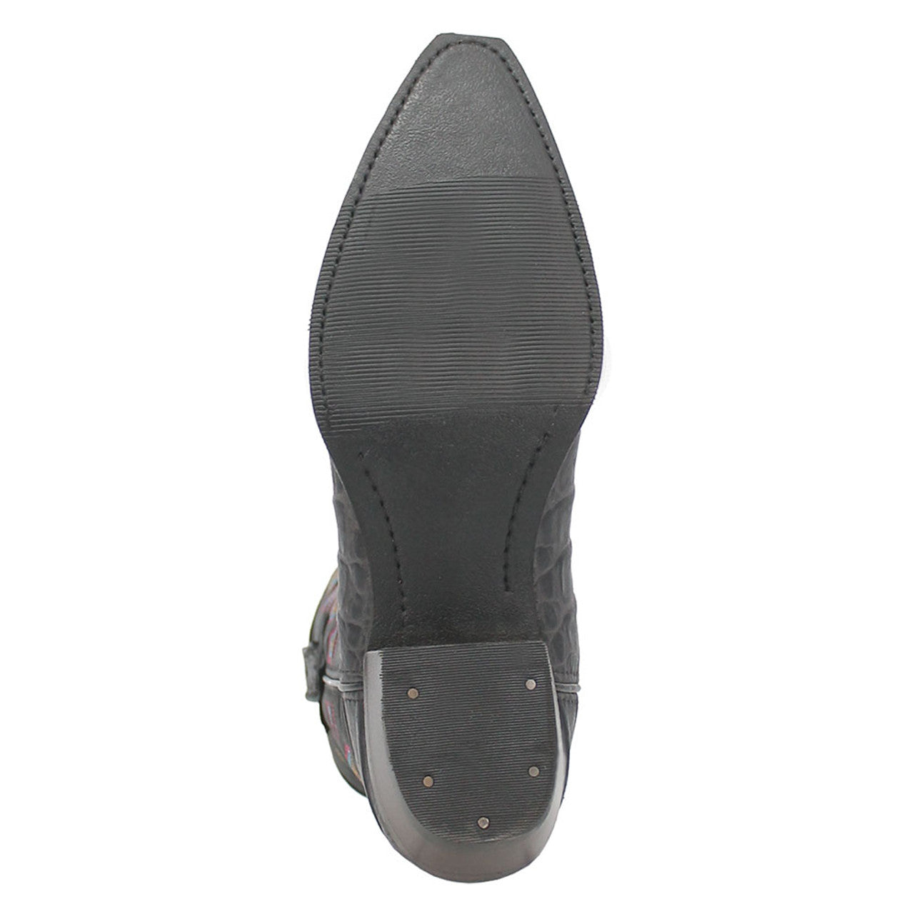 Black gator print cowboy boots with a snip toe and pointed toe. Textured black gator pattern upper, flat sole with tread, and a slightly elevated heel with metallic studs.
