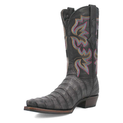 Dingo black gator print snip toe cowboy boots. Pointed toe, leather, and multicolored embroidered shaft. Classic western style.
