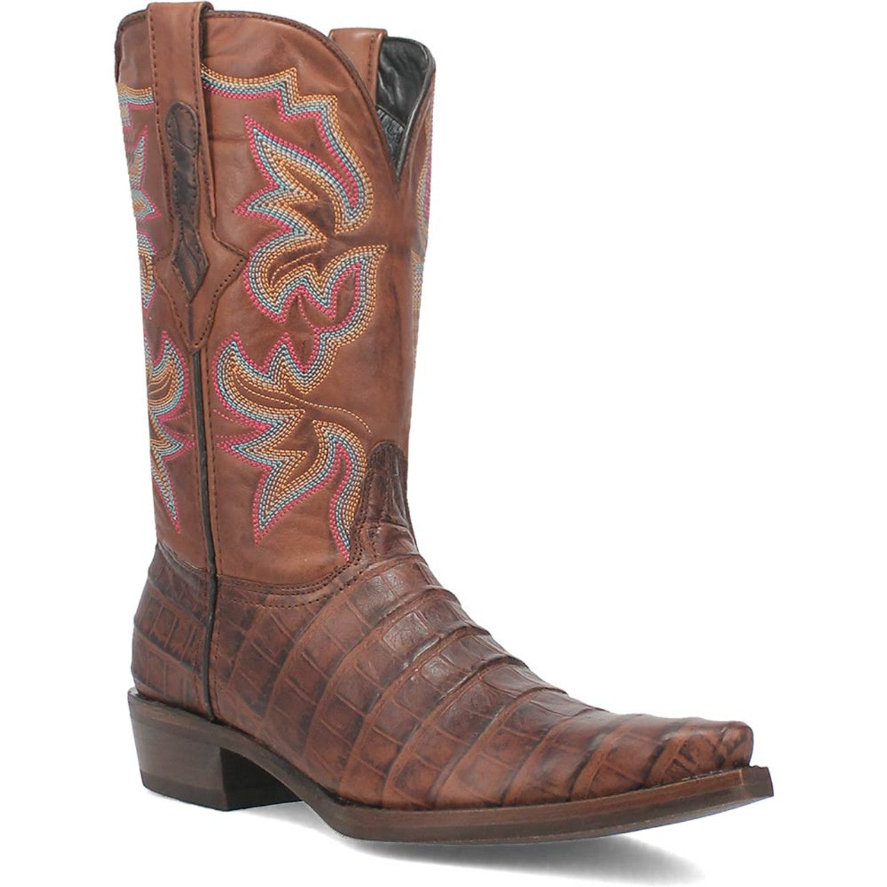 Brown gator print snip toe cowboy boot. Pointed toe, croc-like foot pattern, and tall shaft with floral stitching. Low stacked heel, smooth leather interior.
