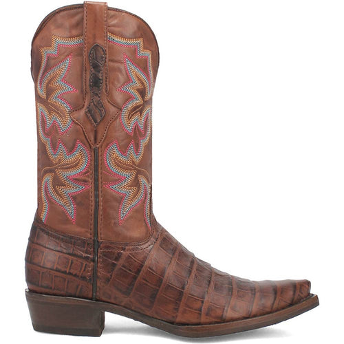 Brown gator print cowboy boot with snip toe and floral embroidery. Textured leather upper. Low heel. Pointed shape with raised gator print.
