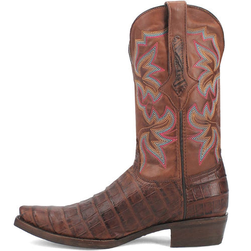 Brown gator print cowboy boot with snip toe and a raised heel. Features floral stitch patterns (orange, pink, yellow) on textured leather. Crocodile-like design on toe.
