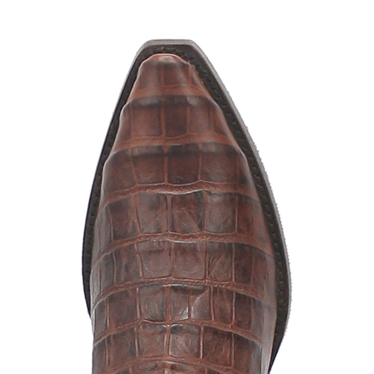 Brown gator print cowboy boots with a snip toe and a smooth, glossy leather finish. Featuring a reptilian pattern, minimal stitching, and a consistent brown color with darker accents.
