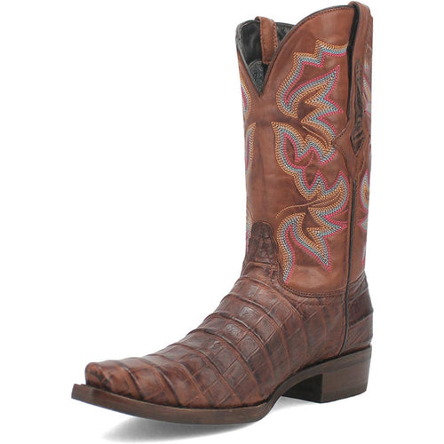 Brown gator print snip toe cowboy boot. Leather upper with textured gator pattern. Deep brown with red/orange/blue stitching. Pointed toe, tapered shape, modestly elevated heel.
