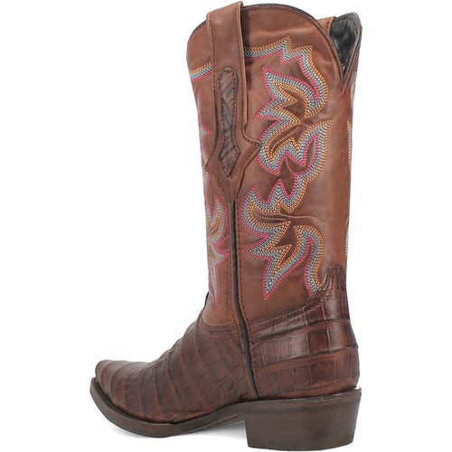 Brown gator print snip toe cowboy boot. Textured gator pattern on lower, smooth brown leather upper. Floral stitching. Slightly curved toe, stacked heel.
