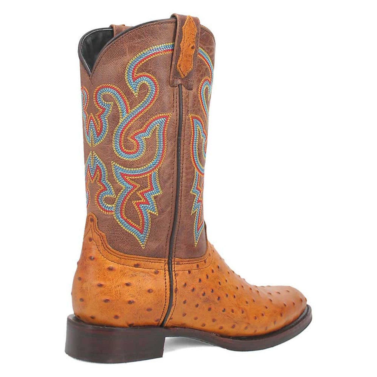 Brown ostrich print leather boots with snip toe. Textured and smooth leather mix. Colorful decorative stitching on upper. Solid, contrasting heel.
