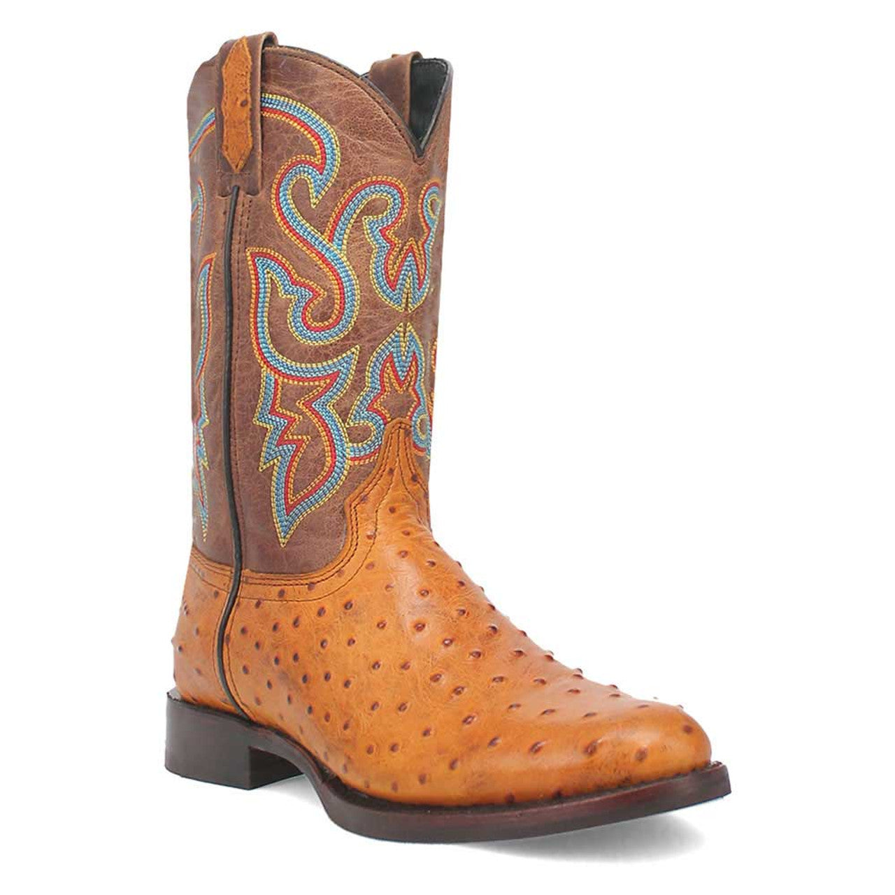 Tan leather boots with ostrich print and snip toe. Intricate multicolored stitching adorns the dark brown shaft. Stacked heel.
