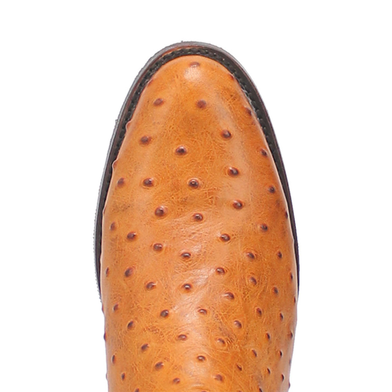 Brown ostrich print leather snip toe boots. Pointed toe, textured surface, and classic ostrich pattern with round bumps for a distinct appearance.
