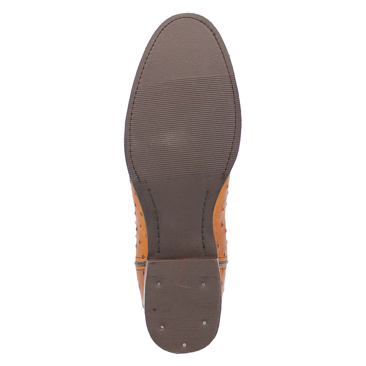 Brown ostrich print leather snip-toe boots. Textured upper mimics ostrich skin. Flat, ridged sole for grip. Stylish and functional footwear.
