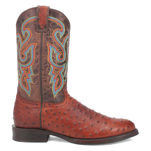 Brown lizard-print leather boots with a structured, pointed shape. Colorful stitching adorns the upper on a darker brown base. Textured lower section, slightly raised heel, and rounded toe; a classic Western design.
