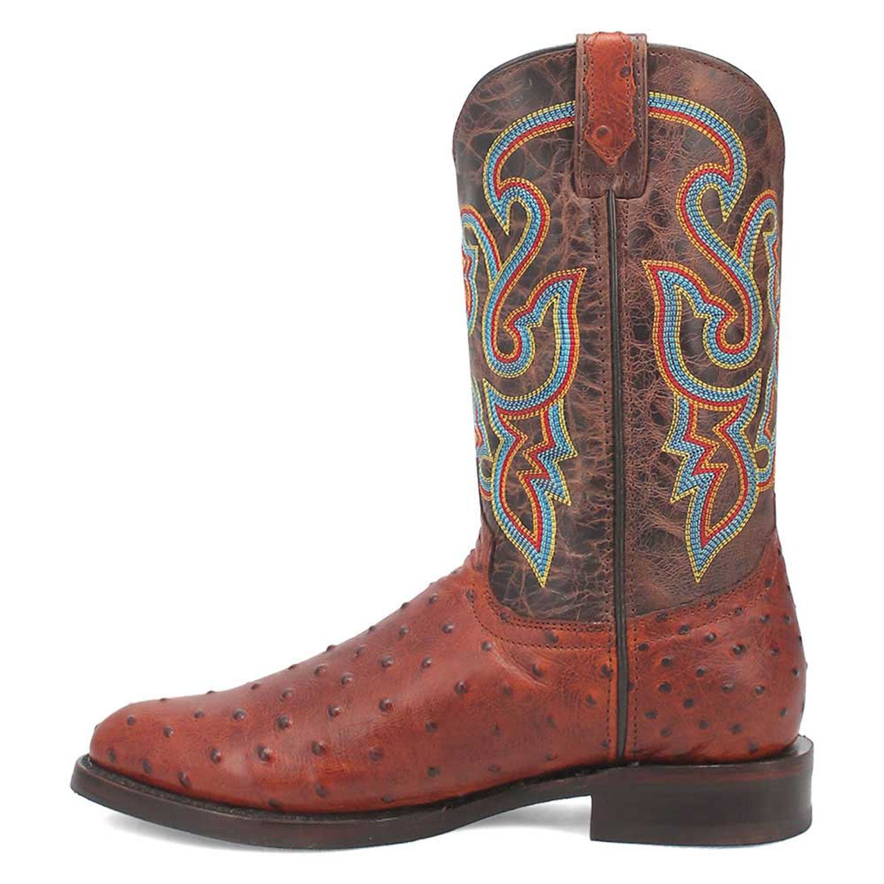 Dingo brown lizard print leather boots with pointed toe & tall shaft. Colorful embroidered upper, pull tab, & flat leather sole.
