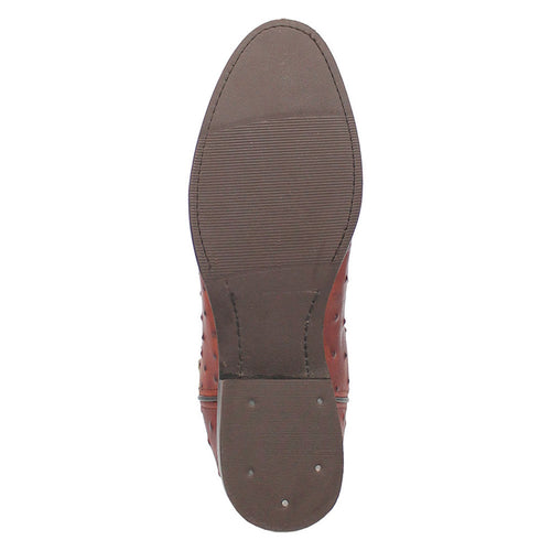 Brown leather boots with lizard print. Smooth upper with textured pattern. Darker soles with horizontal grooves for grip.
