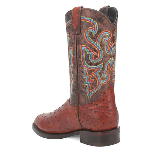 Brown lizard-print leather boots with high shaft. Features multicolored side embroidery, a rounded toe, and a slightly raised sole.
