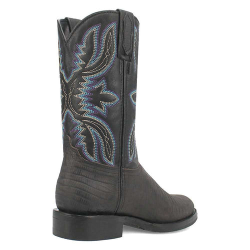 Black lizard-print leather boots with pointed toe & mid-calf height. Floral embroidered shaft. Flat black sole.

