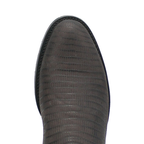 Black lizard-print leather boots. Pointed toe with a smooth black edge. Textured lizard pattern upper, highlighting the boot's design.
