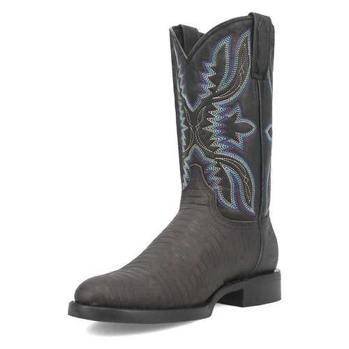 Black lizard-print leather boots: tall shaft, pointed toe, slight heel. Textured reptilian pattern, detailed colorful stitching along sides.
