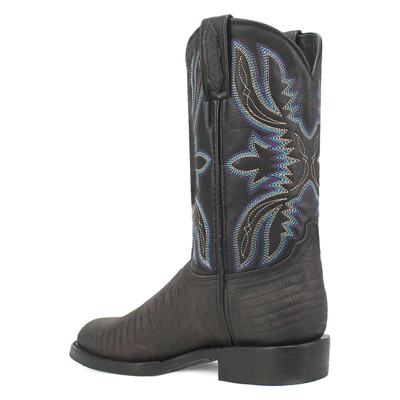 Black lizard print leather boots with tall shaft & detailed design. Rounded toe & stacked heel. Stylish, statement footwear.

