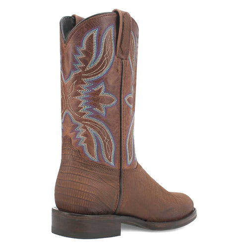 Brown lizard print leather boots with embroidered details. Tall shaft, snip toe, and sturdy, elevated heel. Contrasting color patterns.
