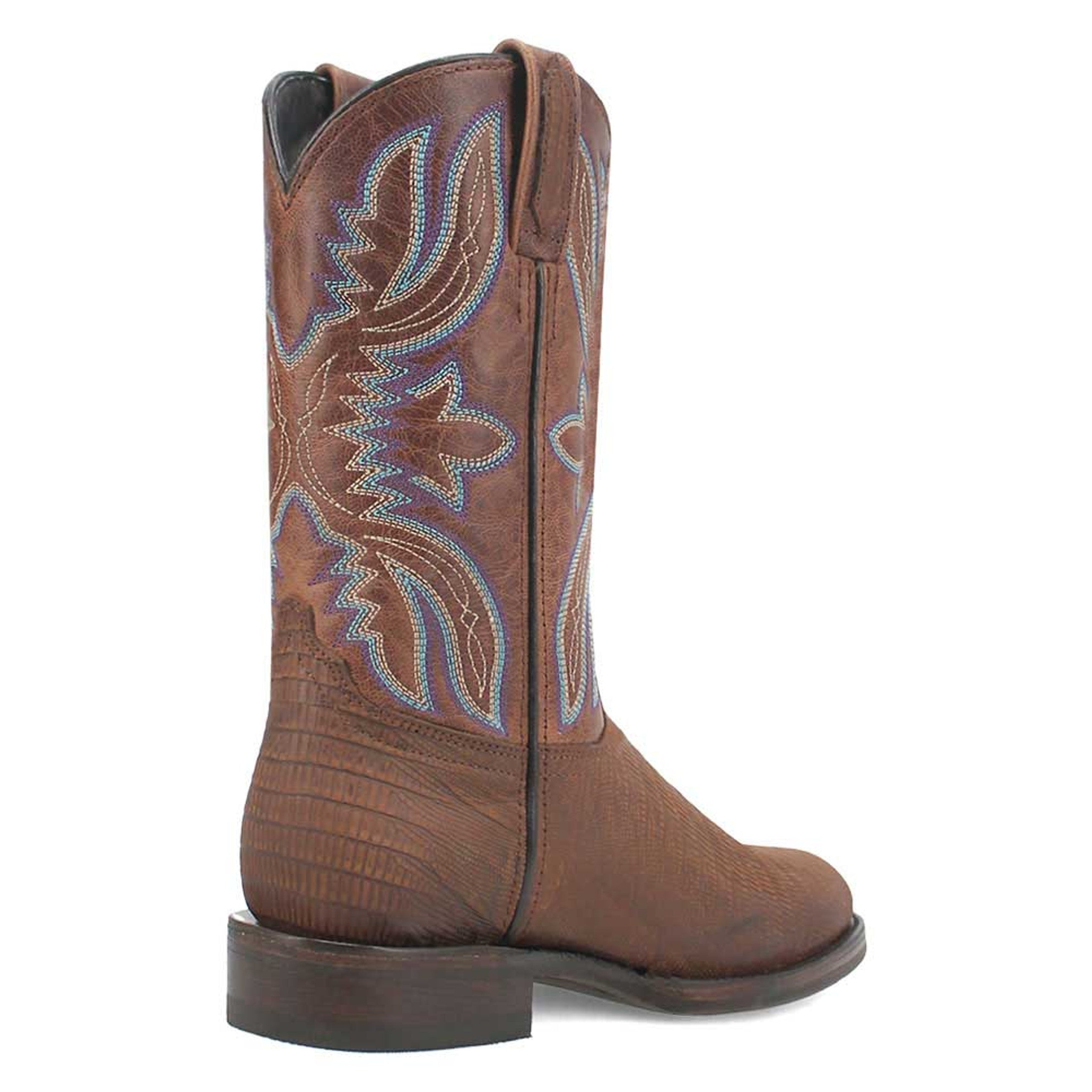 Brown lizard print leather boots with embroidered details. Tall shaft, snip toe, and sturdy, elevated heel. Contrasting color patterns.
