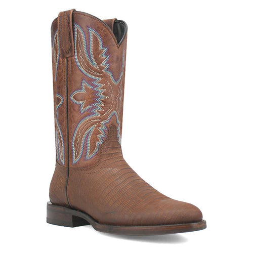Brown lizard-print leather snip-toe boots. Textured brown upper with contrasting decorative stitching. Stacked heel and traditional boot construction.
