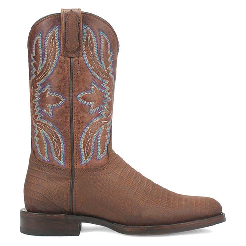 Brown lizard-print leather snip-toe boots. Tall shaft with decorative light & dark blue stitching. Flat leather sole.
