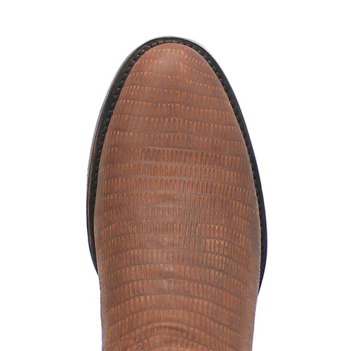 Brown lizard print leather snip toe boots. Pointed design with textured surface & smooth black edging. Rich, warm brown color with a reptile pattern.
