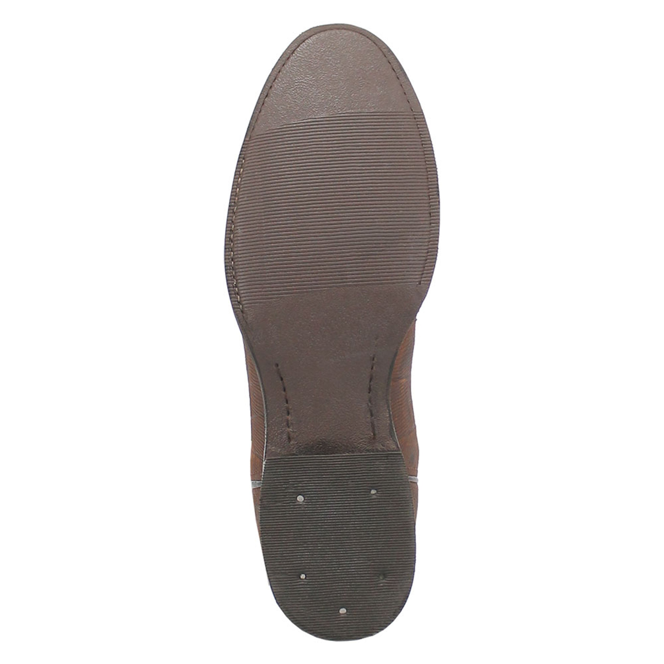 Brown lizard-print leather boots with a snip toe and textured surface. Flat rubber sole with traction grooves.

