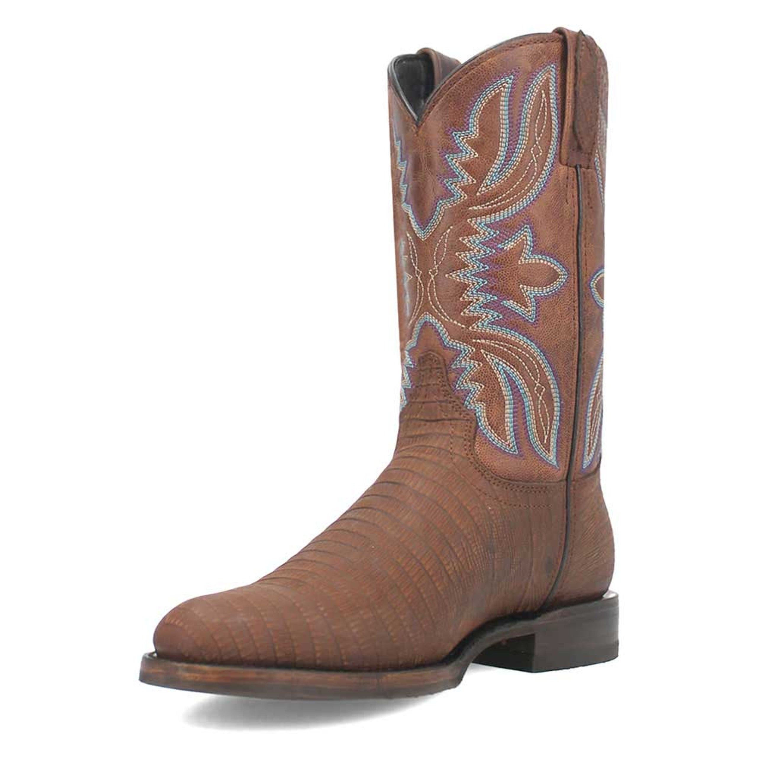 Brown lizard print leather boots with a snip toe and tall shaft. Blue & white decorative stitching, smooth toe, and stacked heel. Textured finish enhances the lizard pattern.
