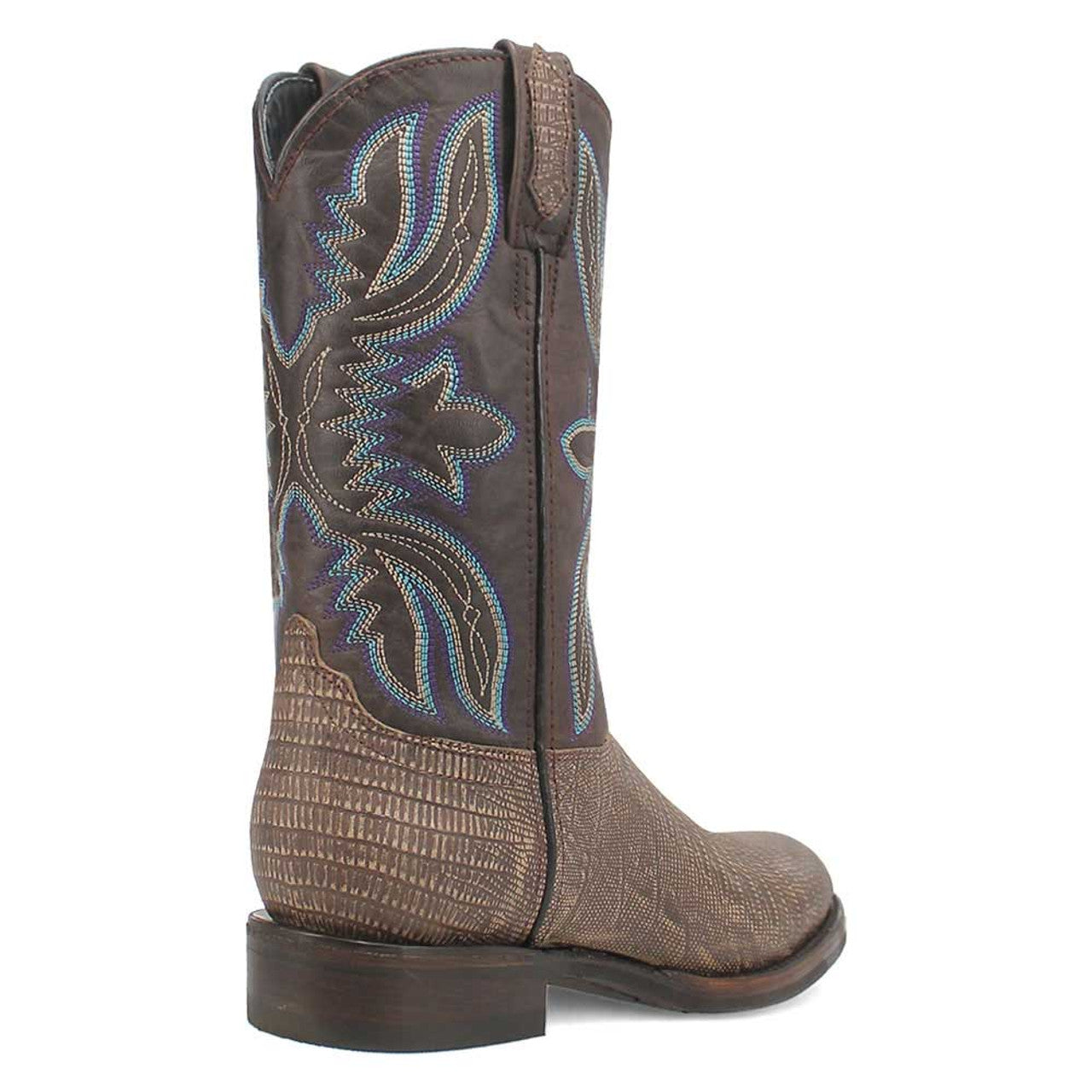 Dingo cement lizard print boots. Snip toe, tall shaft with floral embroidery. Structured heel, reptile texture in brown hues. Leather.
