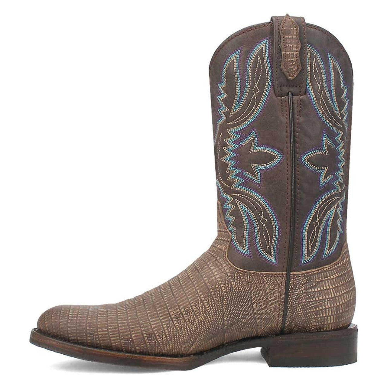 Dingo cement lizard print boots. Brown leather, textured lizard skin upper. Decorative blue/beige stitched shaft. Snip toe, stacked leather heel.
