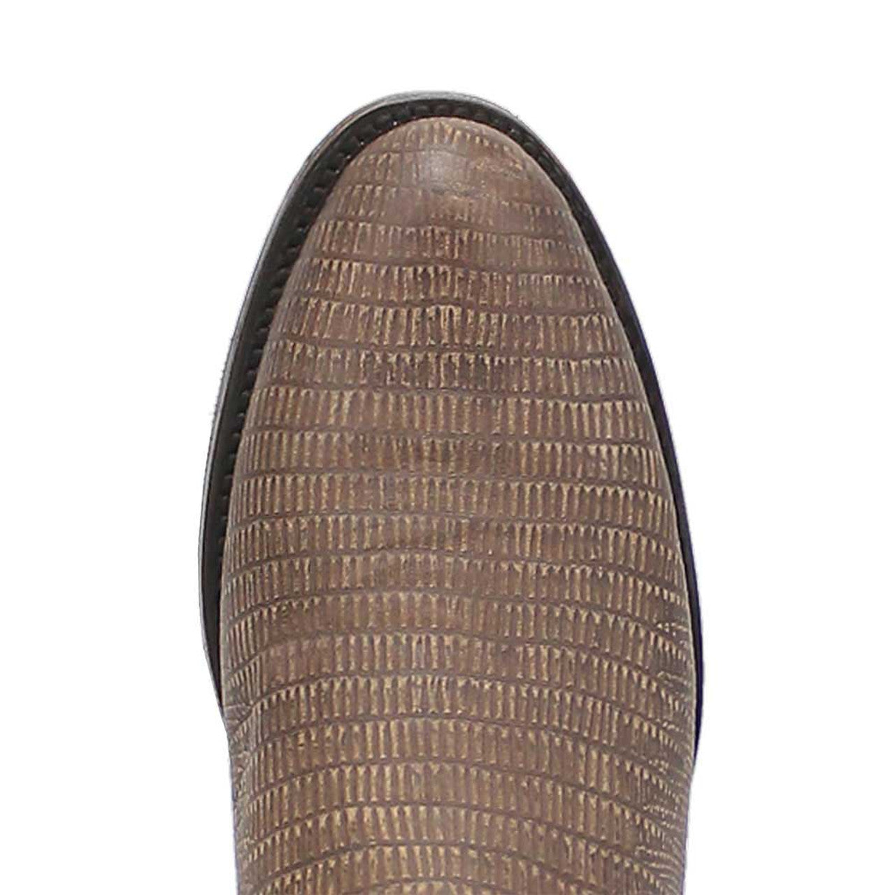 Cement-toned leather boots with lizard print and snip toe. Brown reptilian texture, narrow pointed toe, black sole trim.
