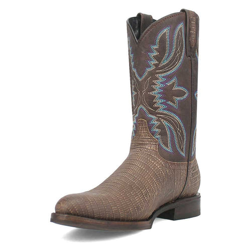 Dingo leather boots with a cement lizard print, snip toe, and decorative blue/white stitching. Muted brown color mimics lizard skin.

