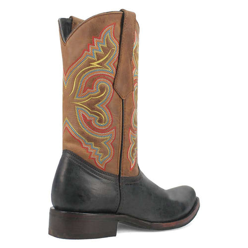 Black and tan leather western boots. Tall shaft with red/yellow embroidery. Tan shaft transitions to black toe/heel. Slightly elevated, rounded heel.
