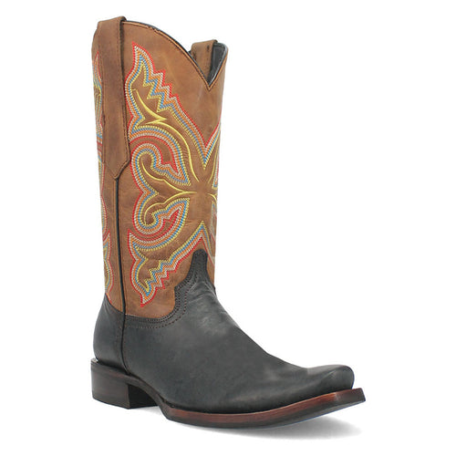 Black and tan leather western boots. Pointed toe, stacked heel. Brown shaft with multicolored embroidery. Black toe. Classic Western style.
