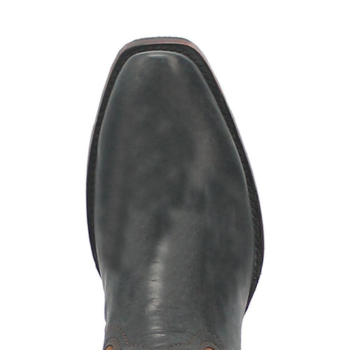 Black and tan leather western boots. Pointed toe, smooth leather construction with contrasting brown stitching along the seams.

