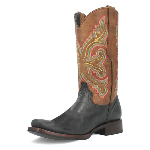 Black & tan western boots: pointed toe, mid-calf height. Brown shaft with colorful embroidery, black leather toe. Stylish, classic design.
