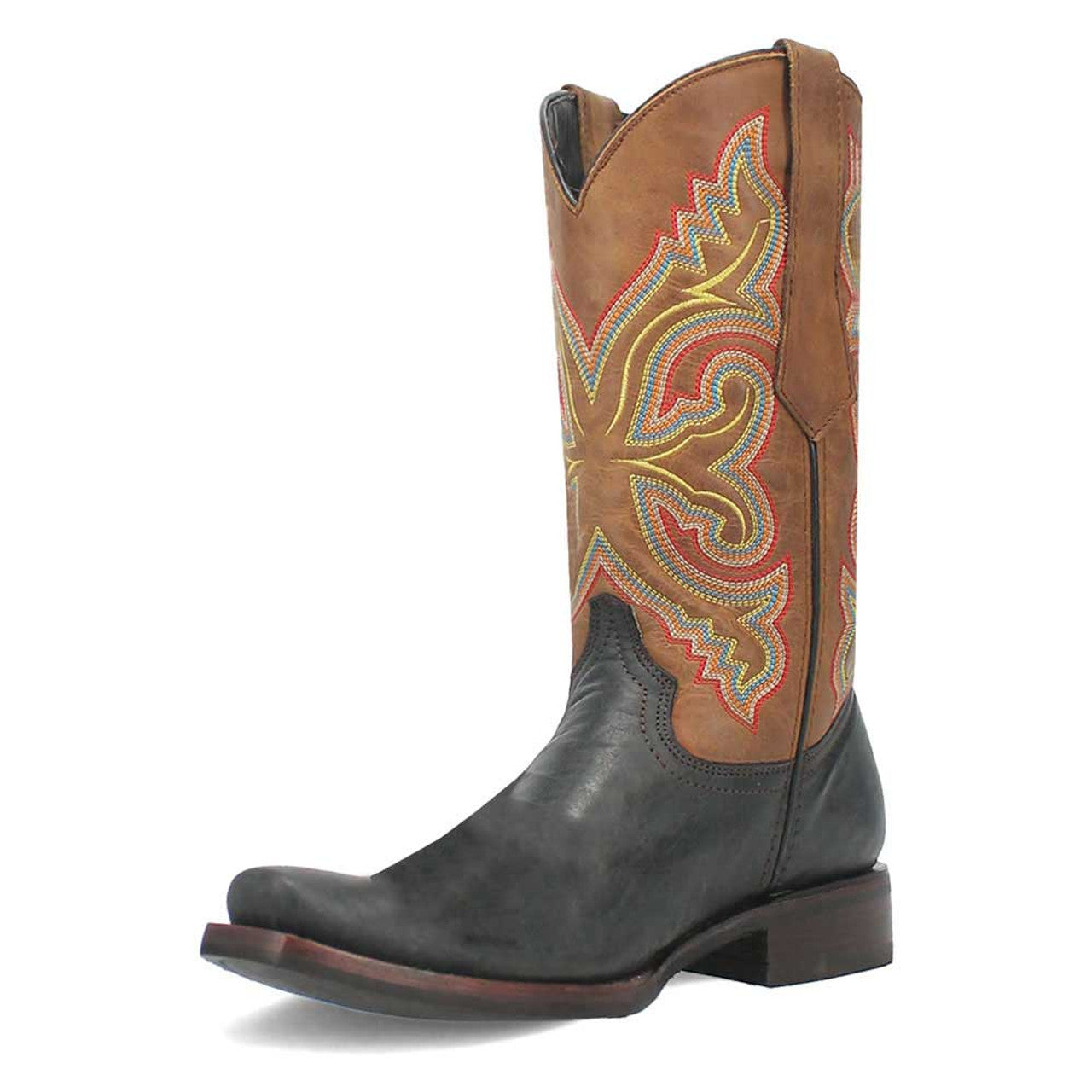 Black & tan western boots: pointed toe, mid-calf height. Brown shaft with colorful embroidery, black leather toe. Stylish, classic design.
