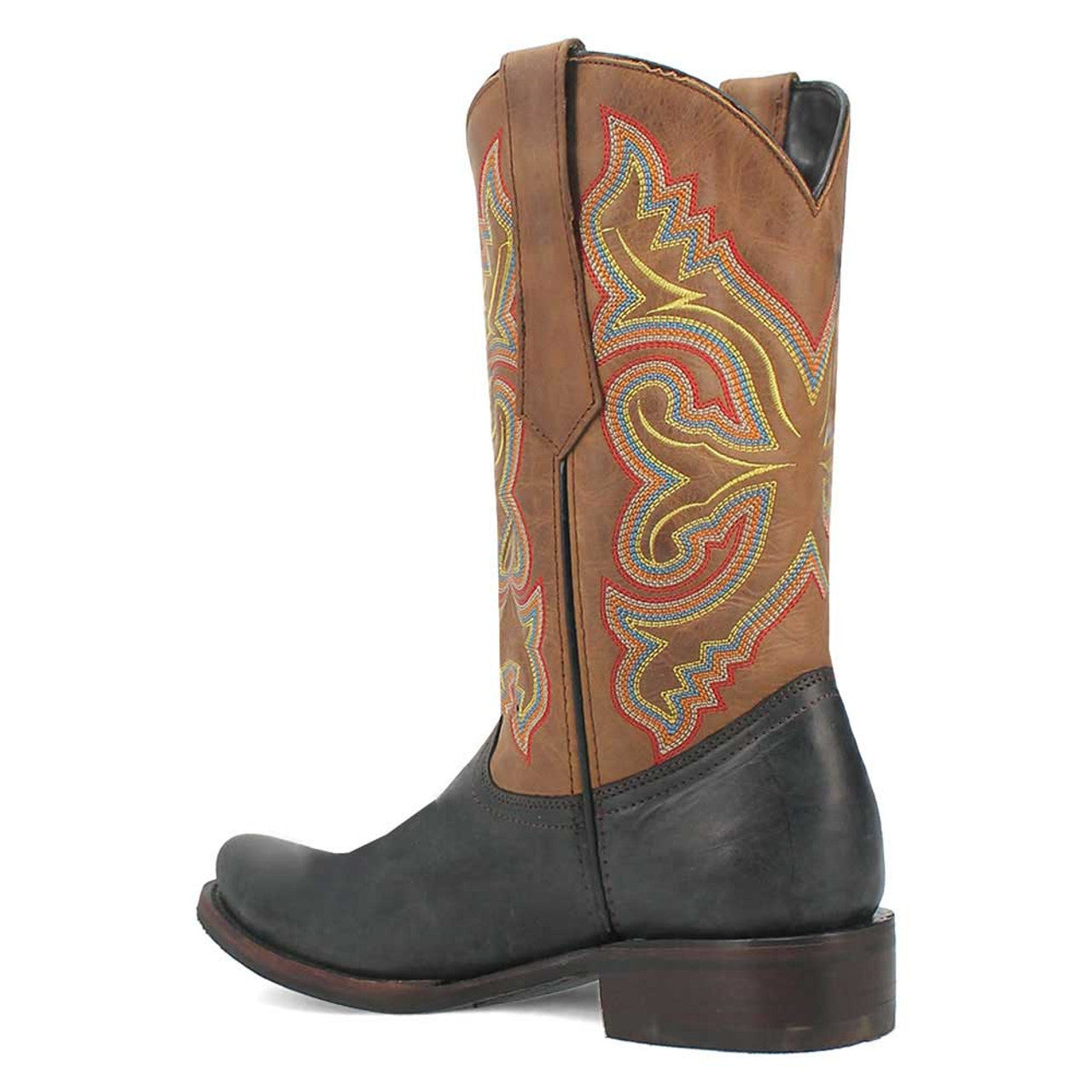 Black and tan western boots. Black leather toe and lower section, tan upper with red, yellow, and blue embroidery. Rounded toe, stacked heel.
