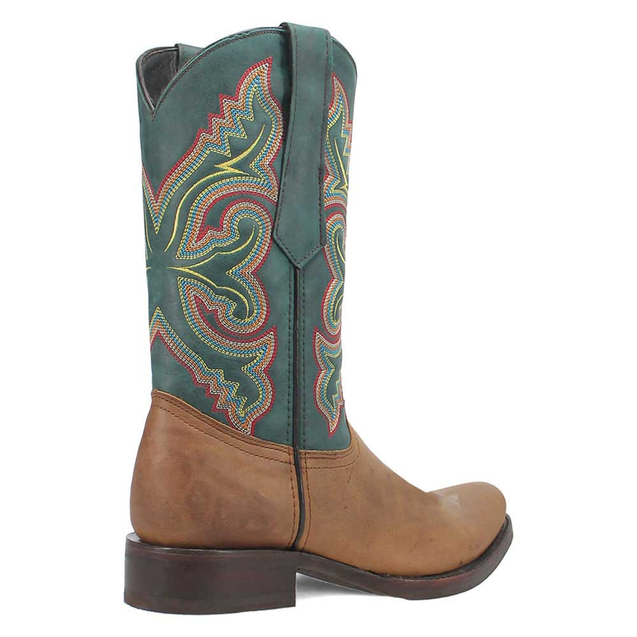 Tan leather Western boots with a green upper. Green upper features yellow & red stitching. Tan lower with a curved, pointed toe.

