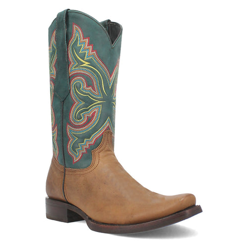 Tan and green leather western boots with pointed toe & taller shaft. Green upper with colorful floral embroidery, tan lower. Stacked heel, smooth surface, sleek silhouette.

