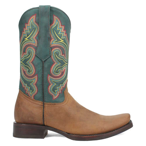 Tan leather snoot toe Western boots with a pointed toe. Tan lower, dark green upper with colorful embroidery. Stacked heel and pull tab.
