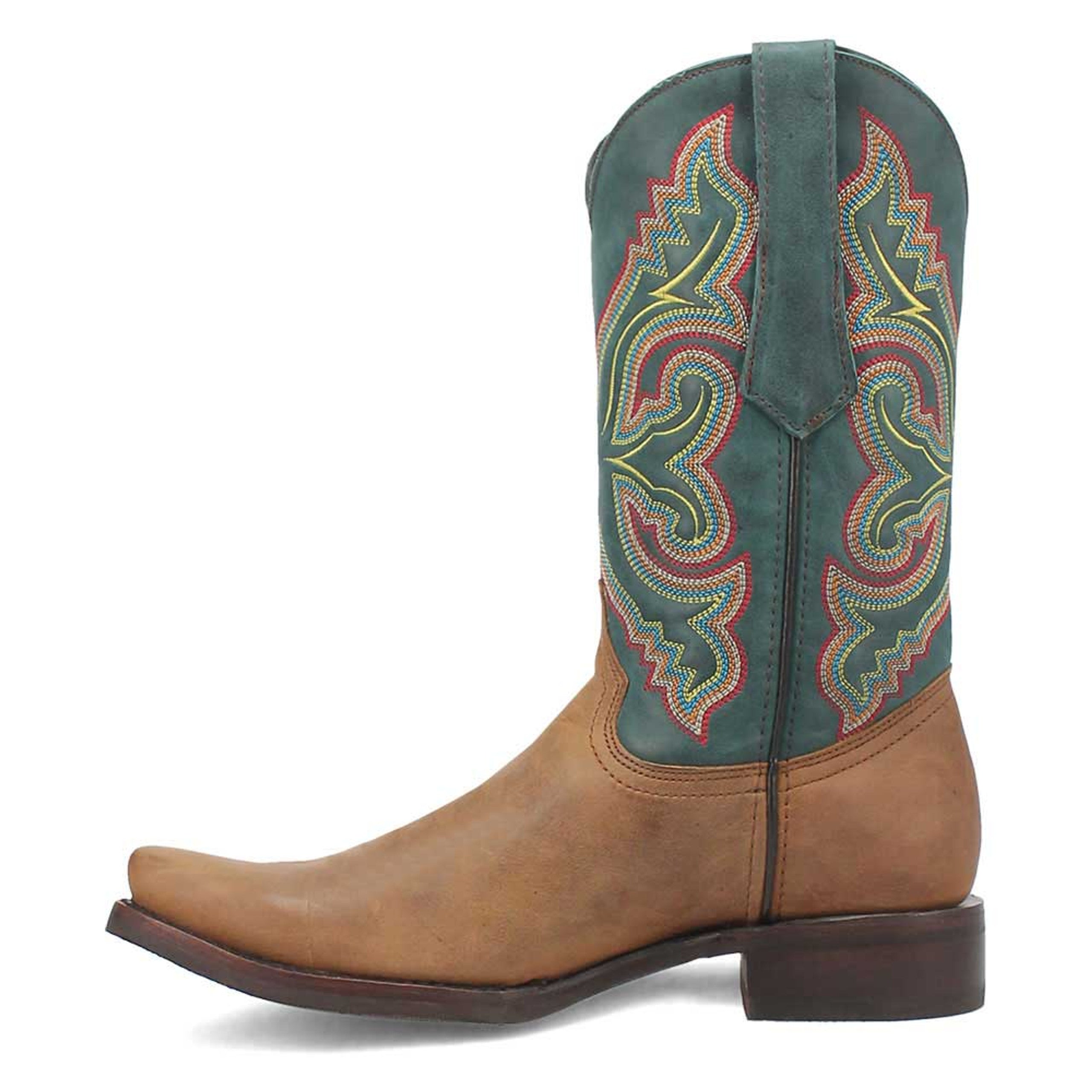 Tan leather foot, green shaft western boots. Pointed toe, tapered design. Colorful stitching on shaft. Elevated sole, stacked heel.
