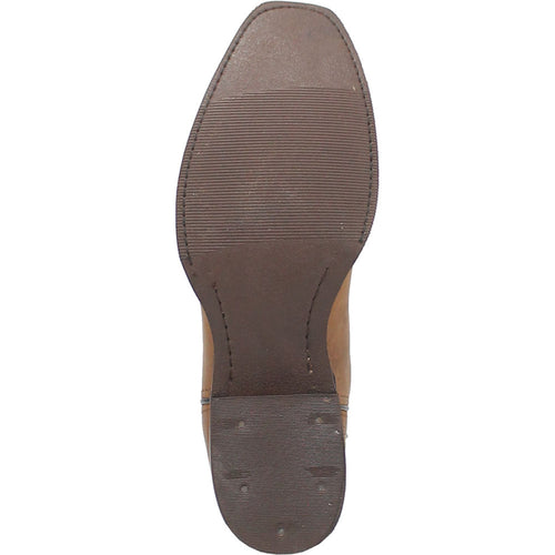 Tan leather western boots with pointed toe & green accents. Textured outsole with rounded front and defined heel. Classic western style.
