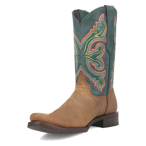 Tan leather boots with green, embroidered uppers. Rounded toe and smooth tan lower section. Classic western style with colorful detailing.
