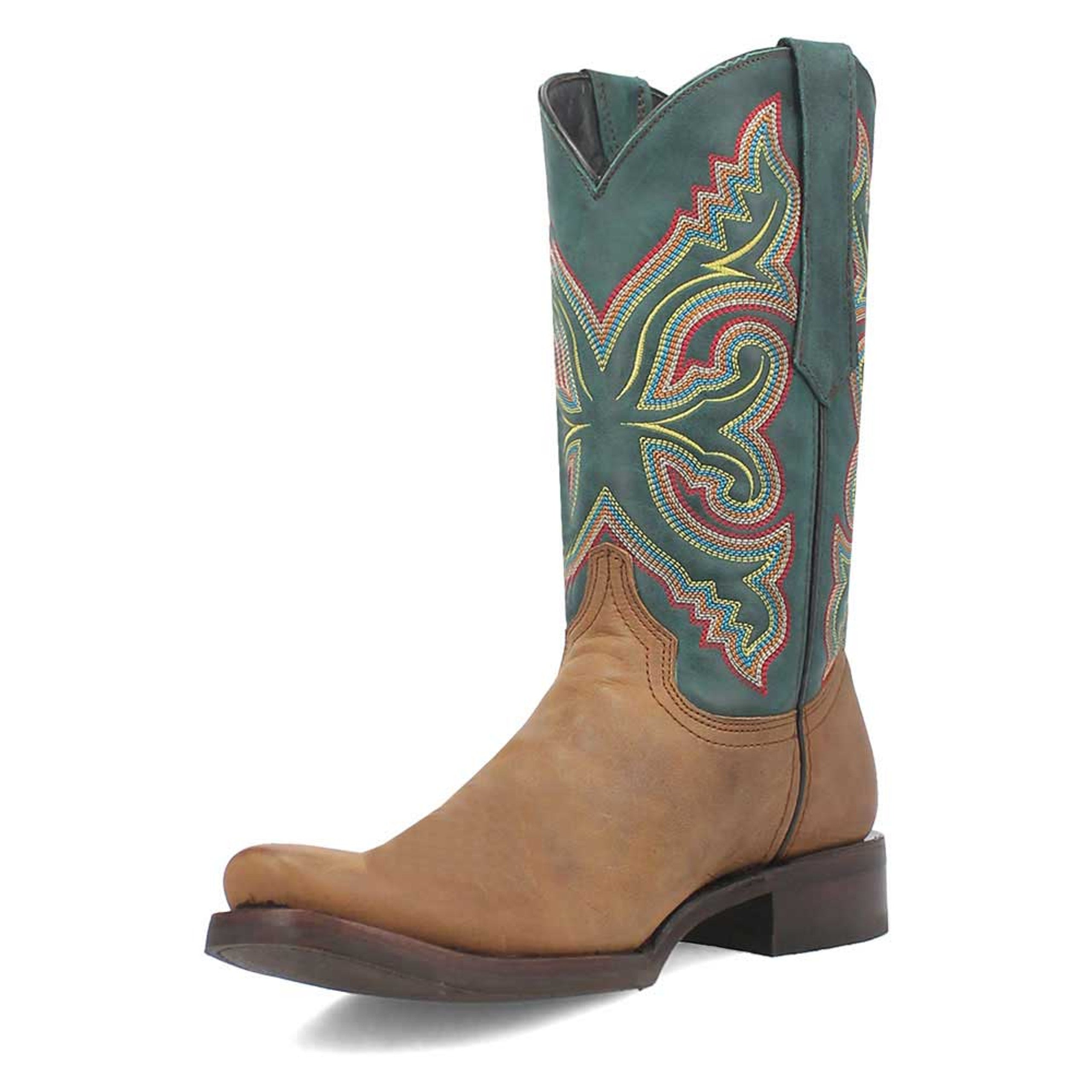 Tan leather boots with green, embroidered uppers. Rounded toe and smooth tan lower section. Classic western style with colorful detailing.
