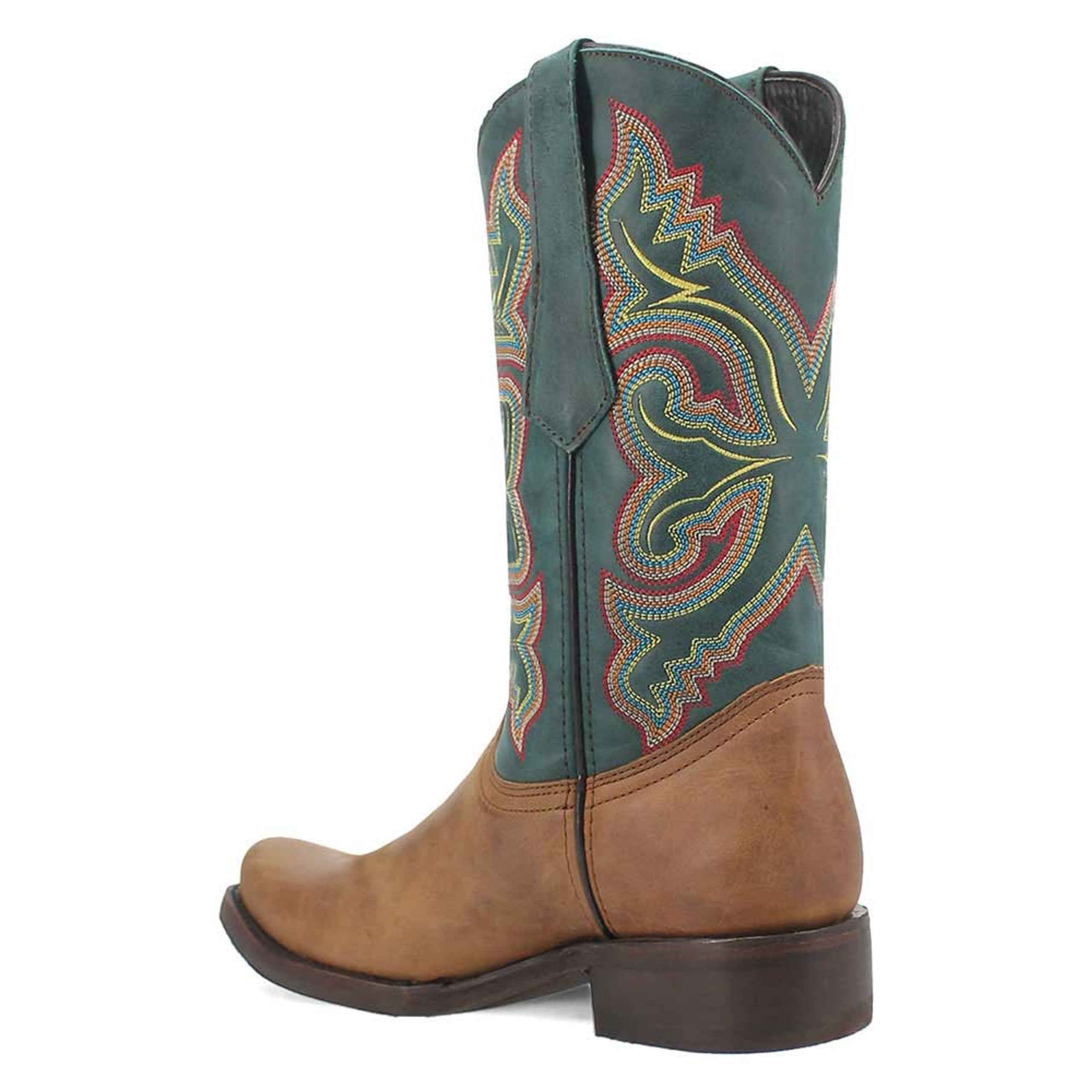Tan & green leather western boots with pointed toe & tall shaft. Multicolored swirling embroidery. Flat sole with a slight heel.
