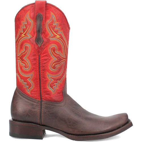 Brown leather western boots: pointed toe, high shaft. Brown lower, red upper with yellow/blue stitching. Classic western style.
