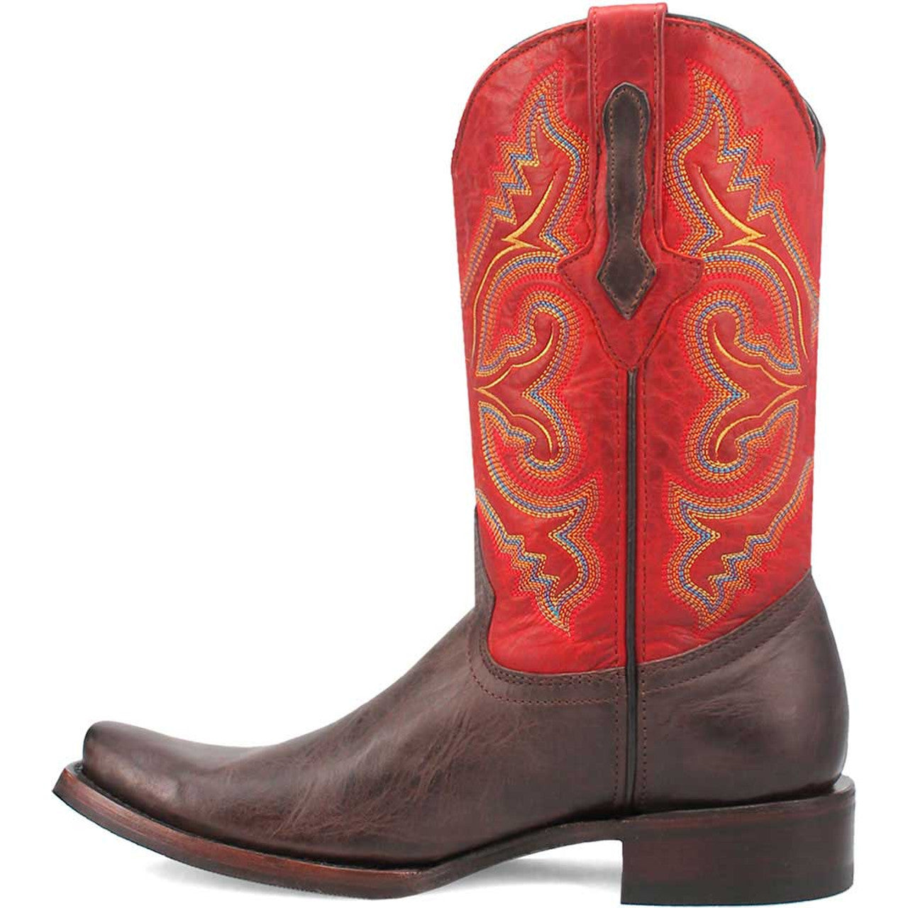 Brown leather western boots. Pointed toe, stacked heel. Brown base, red upper with yellow/blue swirling stitching. Smooth finish, structured shape, classic western style.
