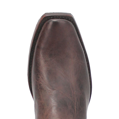 Brown & red leather western boots. Pointed toe, smooth surface, distressed pattern with tonal variations. Sleek, classic design.
